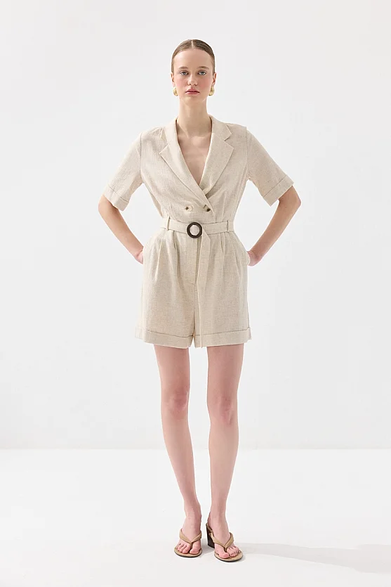 Kısa Kollu Beli Kemerli Viskon Keten Tulum - Bej - Gusto