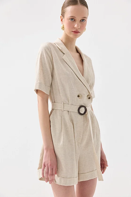 Kısa Kollu Beli Kemerli Viskon Keten Tulum - Bej - Gusto