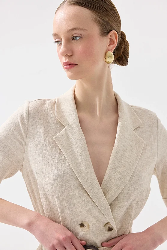 Kısa Kollu Beli Kemerli Viskon Keten Tulum - Bej - Gusto