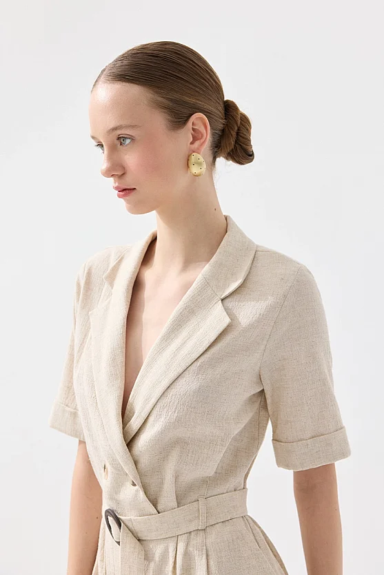 Kısa Kollu Beli Kemerli Viskon Keten Tulum - Bej - Gusto