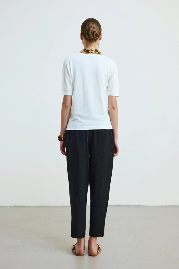 Kısa Kollu Bisiklet Yaka Triko Bluz - Ekru - Gusto