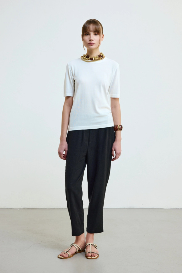 Kısa Kollu Bisiklet Yaka Triko Bluz - Ekru - Gusto