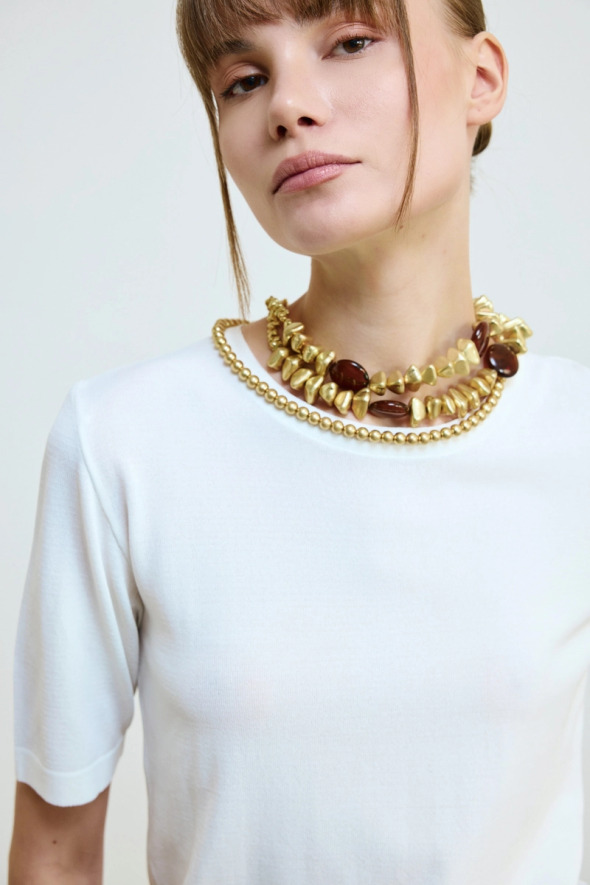 Kısa Kollu Bisiklet Yaka Triko Bluz - Ekru - Gusto