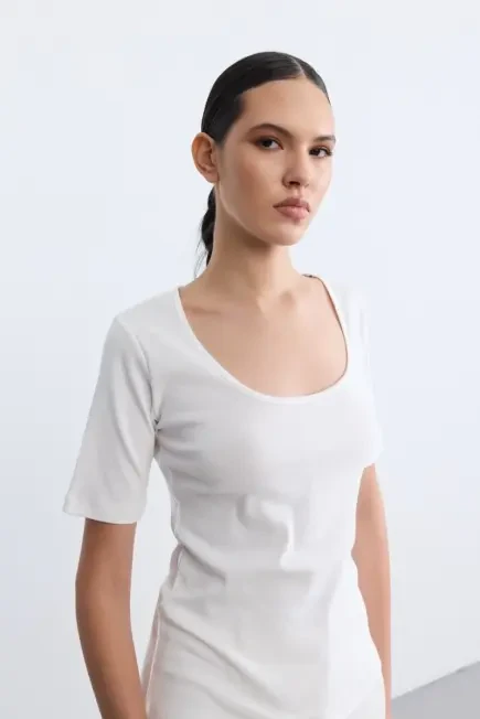 Kısa Kollu Pamuk T-Shirt - Ekru Ekru