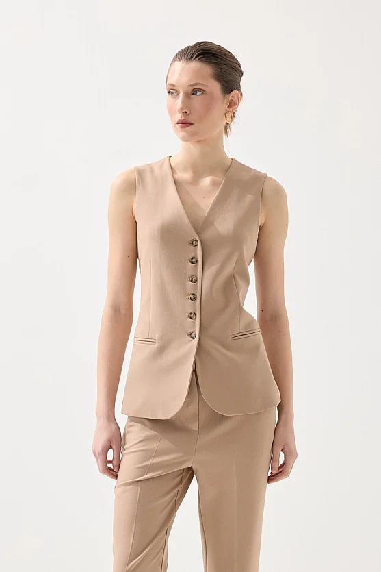 Klasik Düğmeli Yelek - Bej - 2