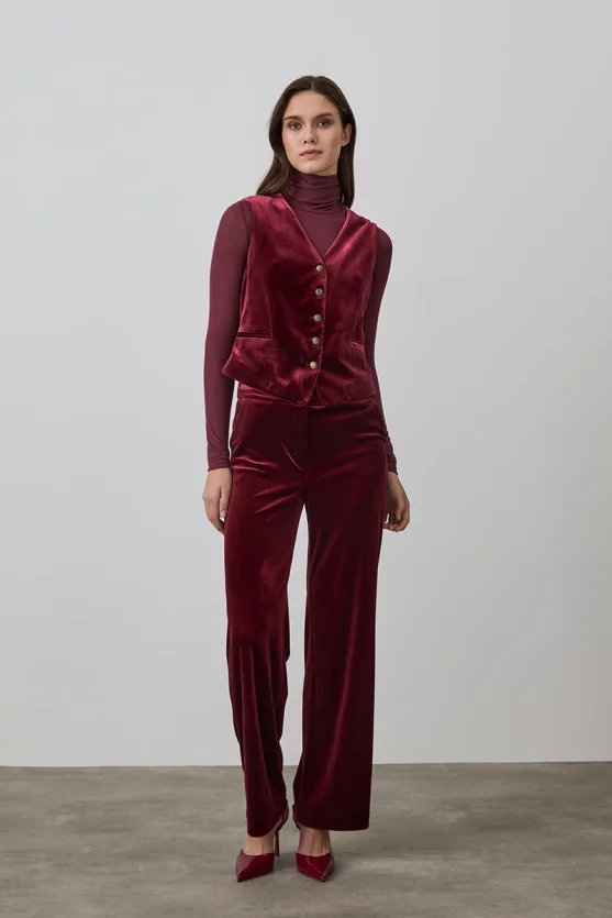 Klasik Kadife Yelek - Bordo - Gusto