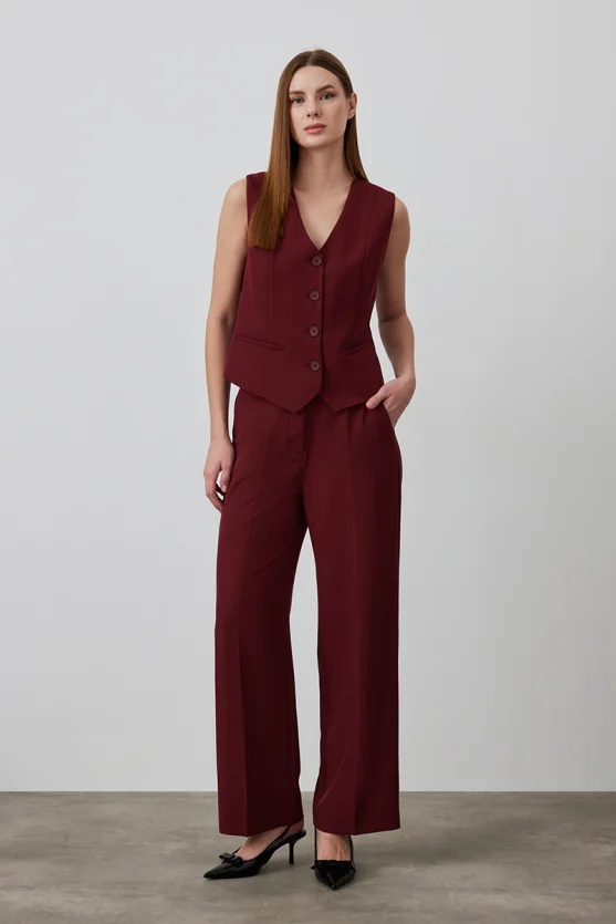 Klasik Kumaş Yelek - Bordo - 3