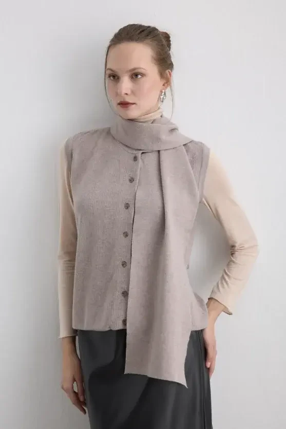 Knit Vest with Scarf - Beige - 2