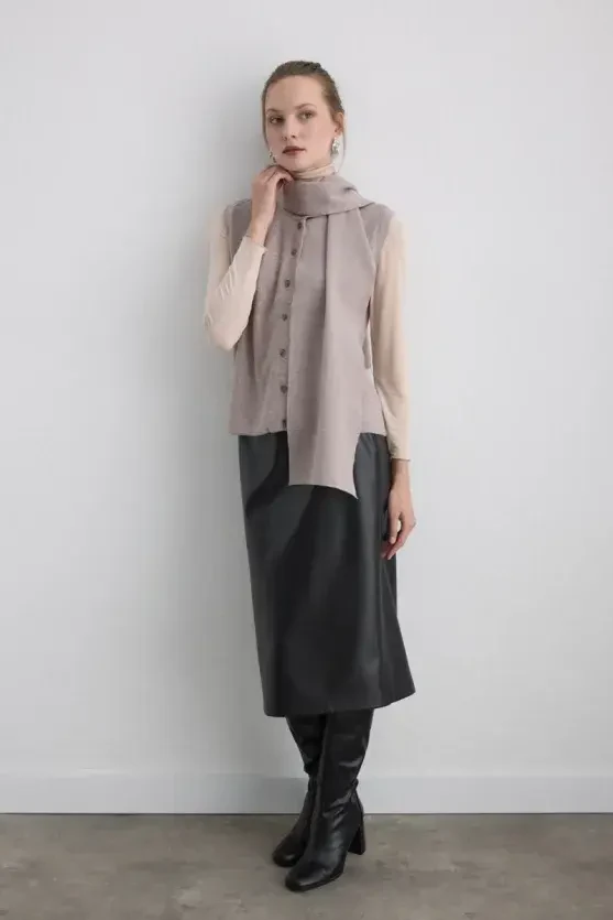 Knit Vest with Scarf - Beige - 4