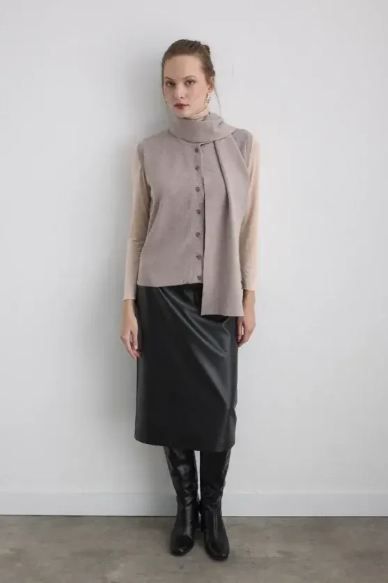 Knit Vest with Scarf - Beige - 5