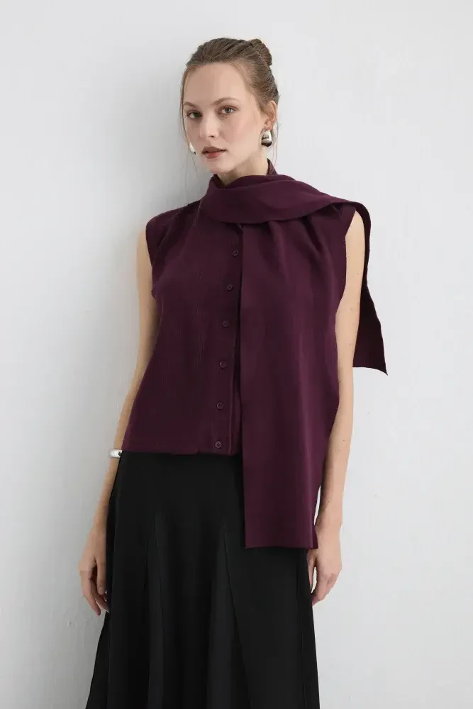 Knit Vest with Scarf - Mulberry Marroon