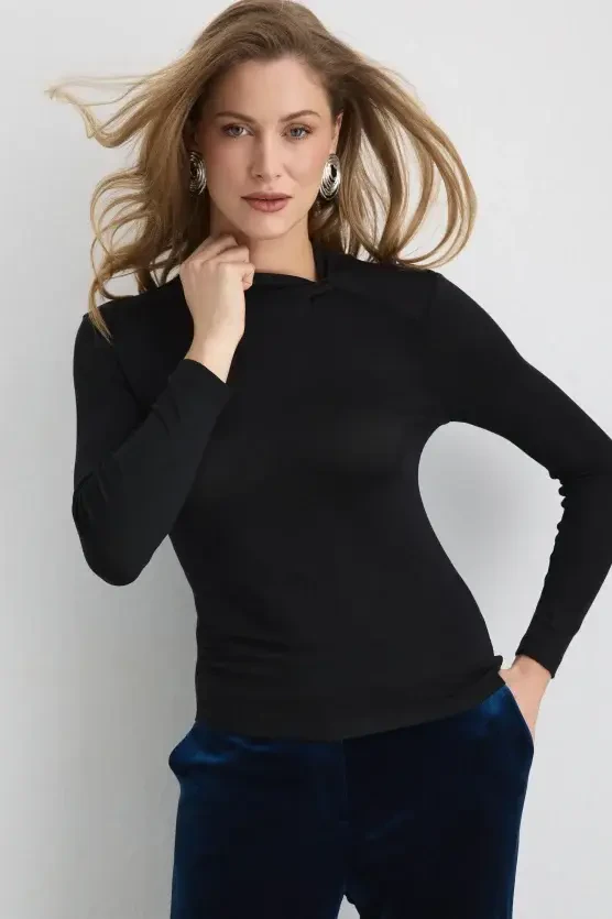 Knotted-Neck Viscose Lycra Blouse - Black - Gusto