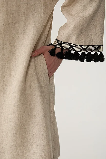 Kolları Püskül Keten Kaftan - Bej - Gusto