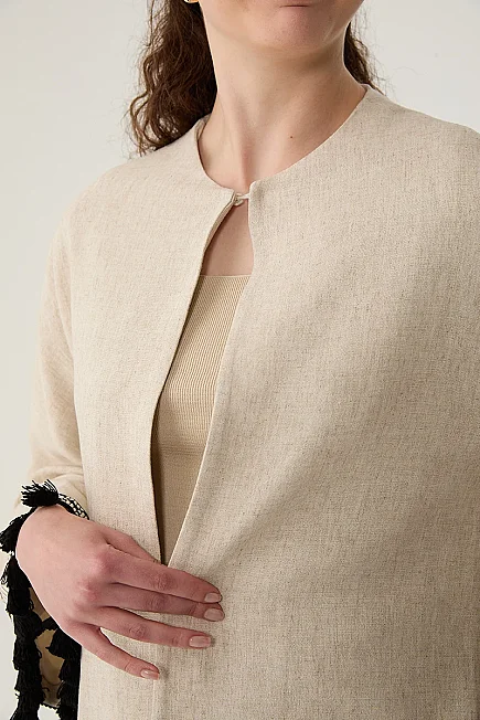Kolları Püskül Keten Kaftan - Bej - Gusto