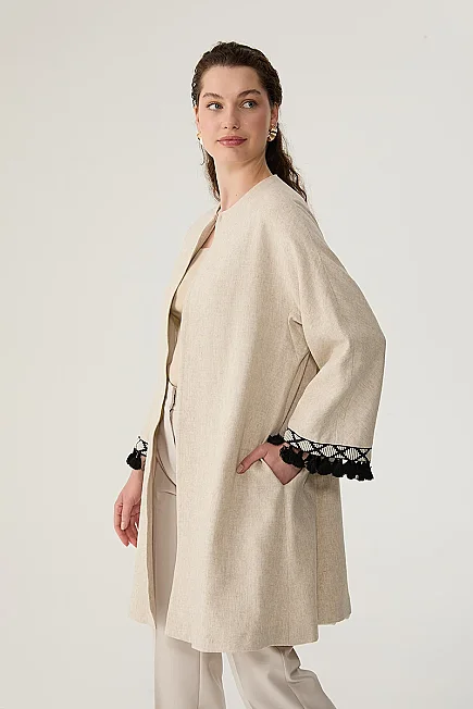 Kolları Püskül Keten Kaftan - Bej - Gusto