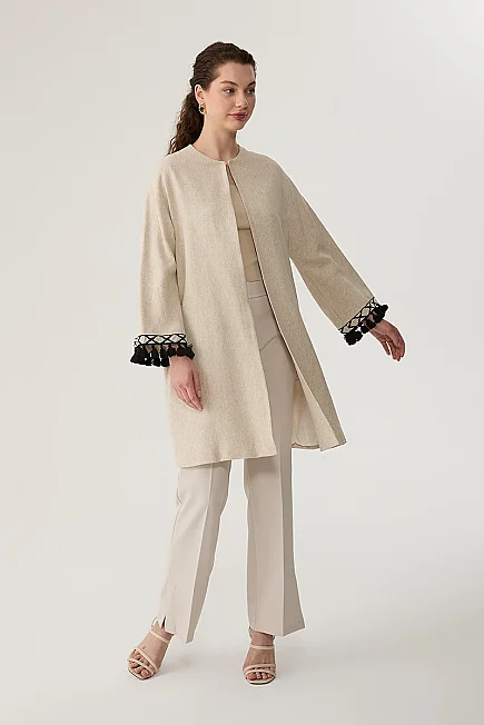 Kolları Püskül Keten Kaftan - Bej - Gusto