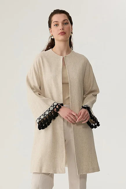Kolları Püskül Keten Kaftan - Bej Bej
