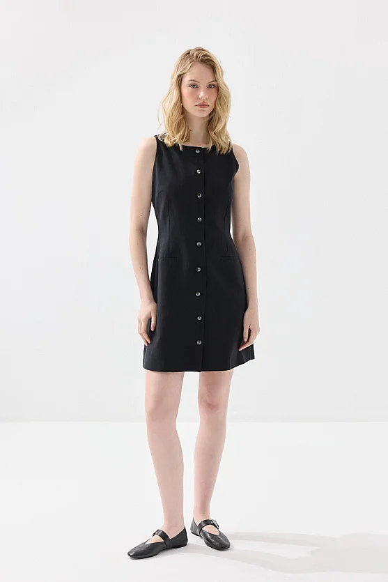 Kolsuz Keten Düğmeli Jile Elbise - Siyah - 1