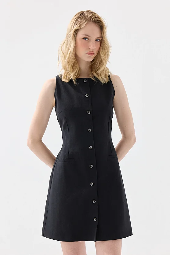 Kolsuz Keten Düğmeli Jile Elbise - Siyah - 5