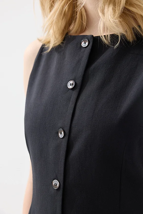 Kolsuz Keten Düğmeli Jile Elbise - Siyah - 6