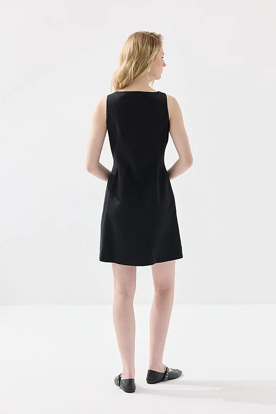 Kolsuz Keten Düğmeli Jile Elbise - Siyah - Gusto