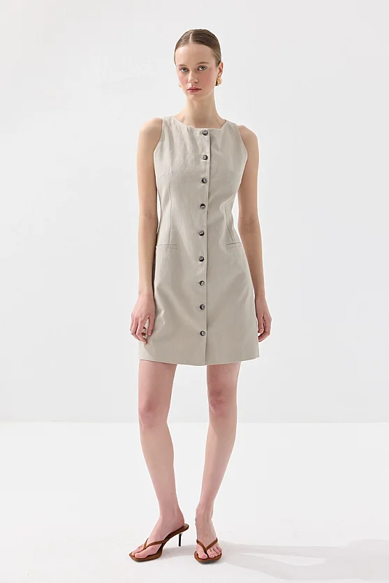 Kolsuz Keten Düğmeli Jile Elbise - Taş - 1