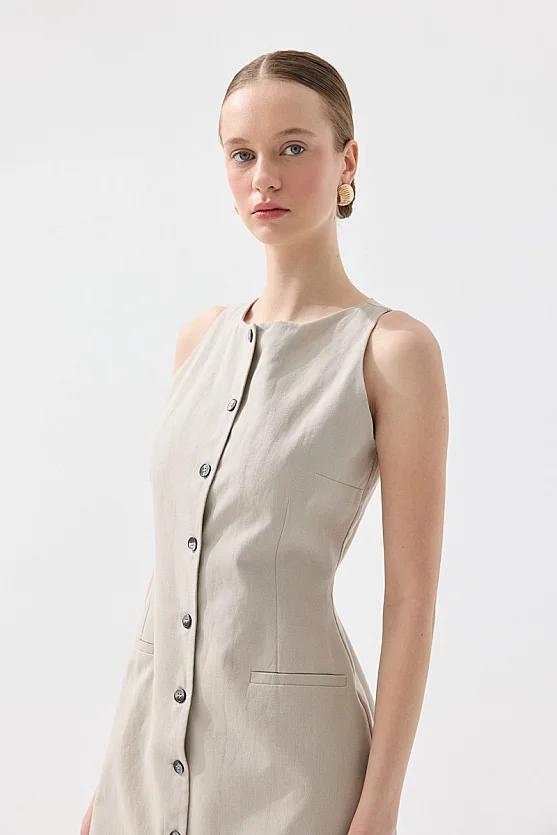 Kolsuz Keten Düğmeli Jile Elbise - Taş - 2