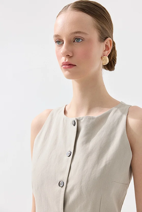 Kolsuz Keten Düğmeli Jile Elbise - Taş - Gusto