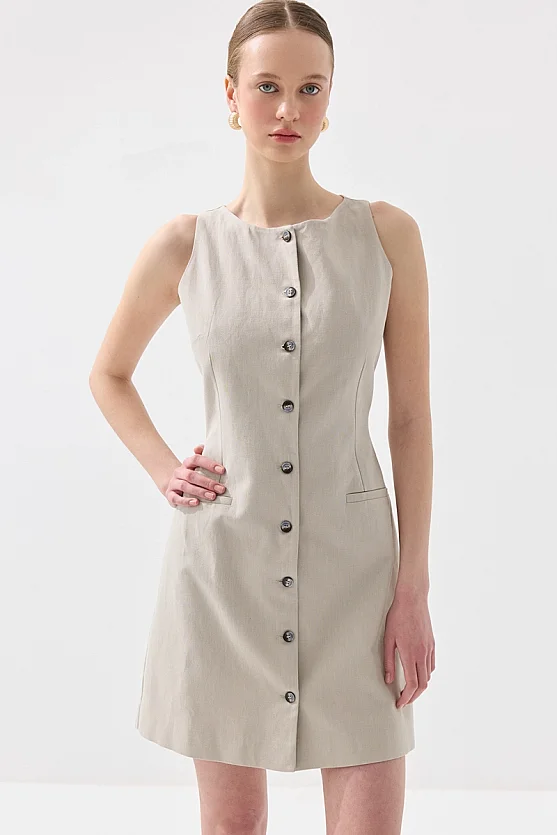 Kolsuz Keten Düğmeli Jile Elbise - Taş - 4