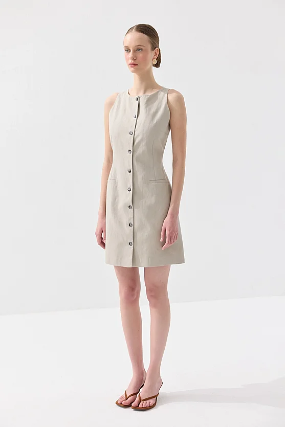 Kolsuz Keten Düğmeli Jile Elbise - Taş - 5