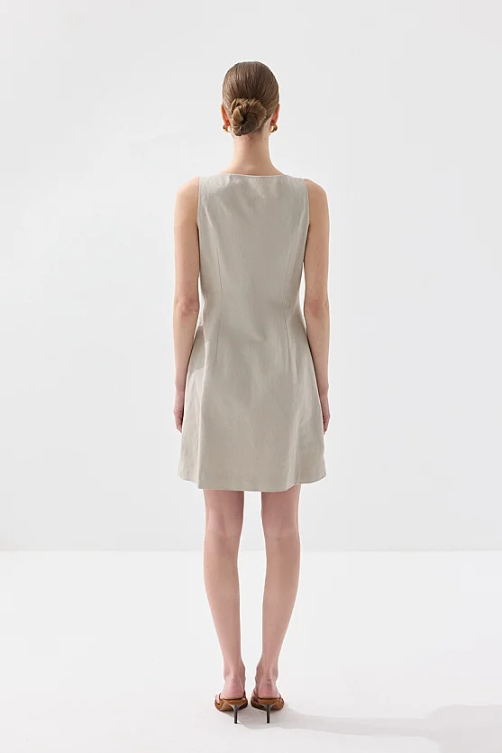 Kolsuz Keten Düğmeli Jile Elbise - Taş - Gusto