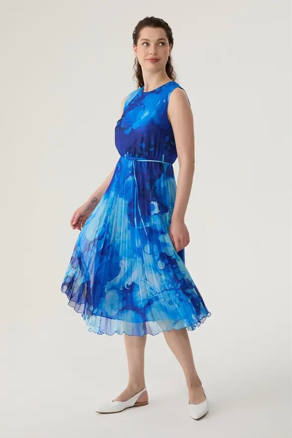Kolsuz Pilise Şifon Elbise - Mavi - 1