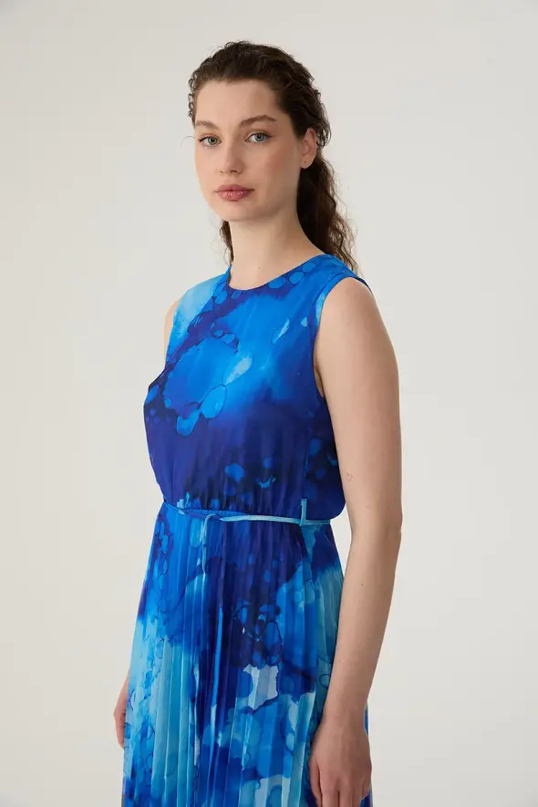 Kolsuz Pilise Şifon Elbise - Mavi - 3