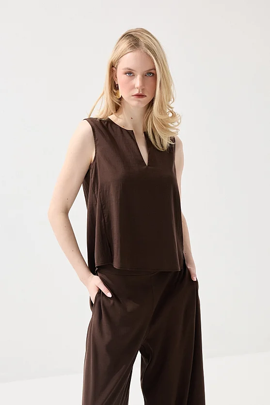 Kolsuz Tencel Bluz - Kahverengi - 1