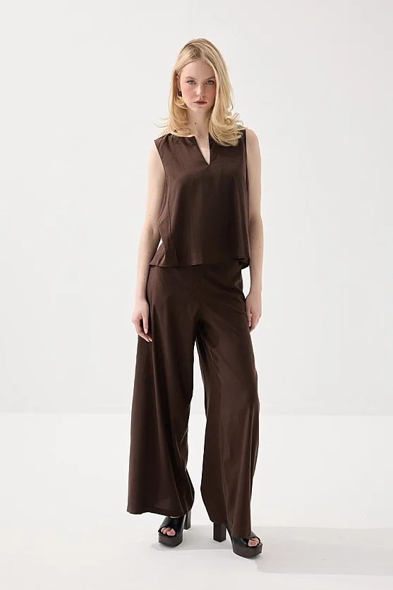 Kolsuz Tencel Bluz - Kahverengi - 3