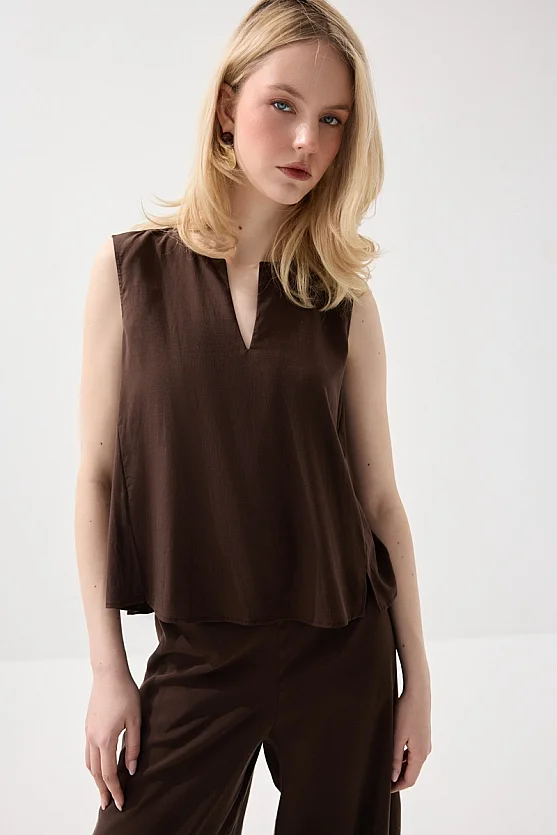 Kolsuz Tencel Bluz - Kahverengi - 4