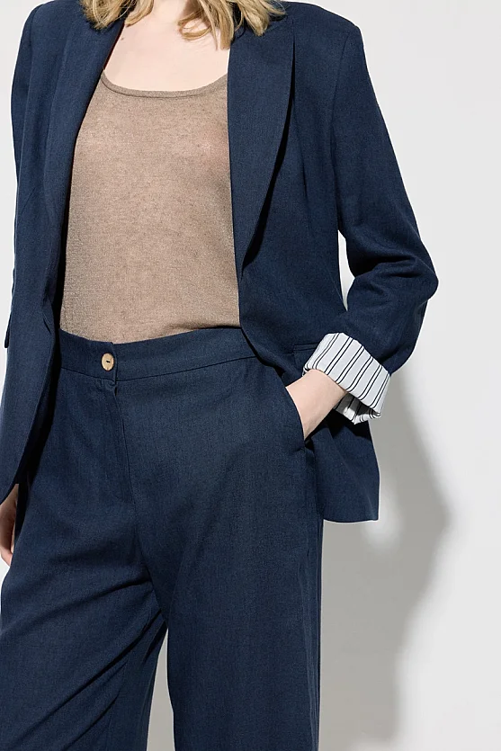 Kolu Katlamalı Rahat Kesim Keten Ceket - Lacivert - 4