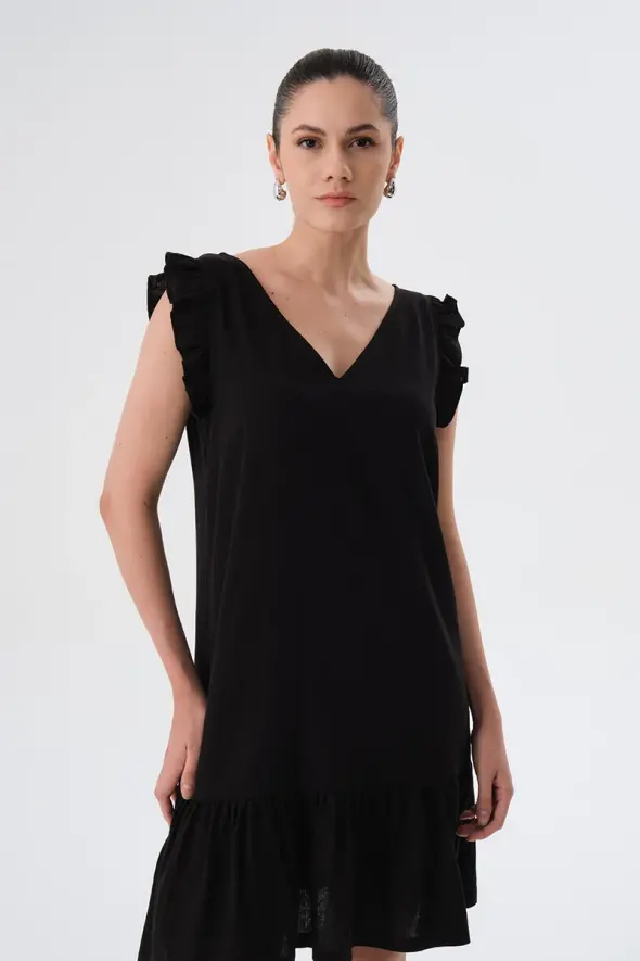 Kolu Volanlı V Yakalı Keten Elbise - Siyah - 2
