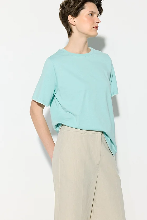 Kontrast Nakış Detaylı Pamuk T-shirt - Turkuaz - 4