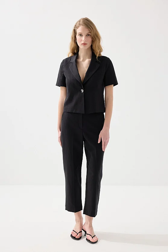 Pamuk Keten Havuç Kesim Pantolon - Siyah - 1