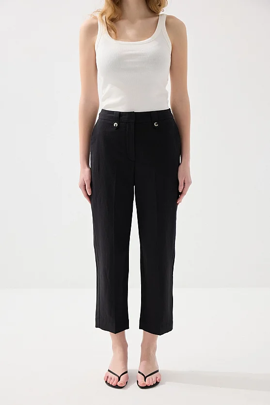 Pamuk Keten Havuç Kesim Pantolon - Siyah - 2