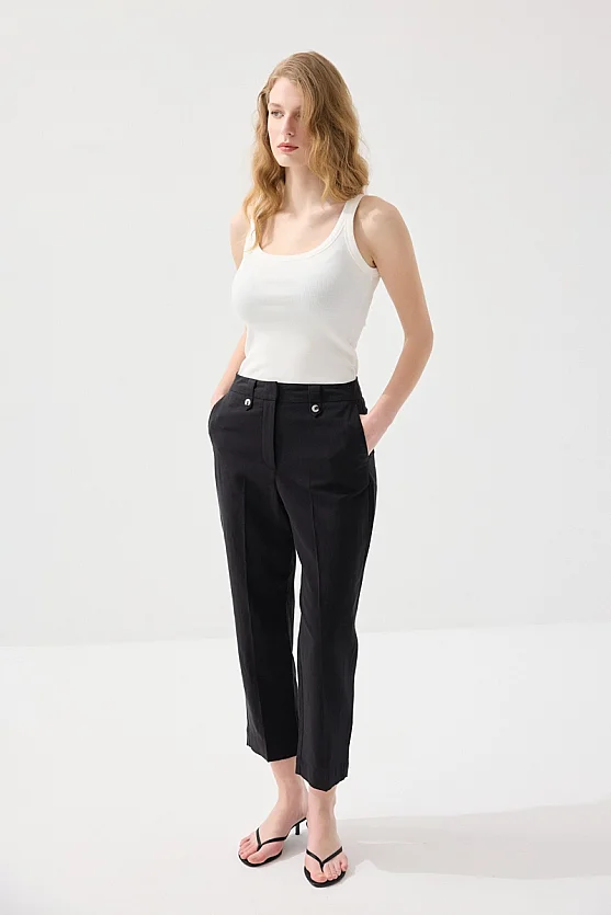 Pamuk Keten Havuç Kesim Pantolon - Siyah - 4