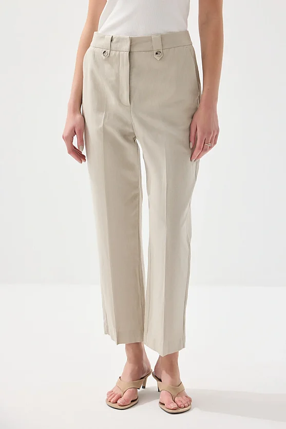 Pamuk Keten Havuç Kesim Pantolon - Taş - 2