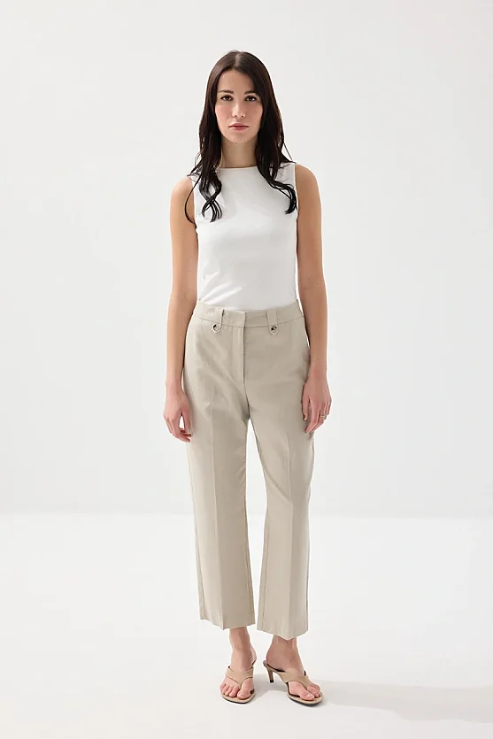 Pamuk Keten Havuç Kesim Pantolon - Taş - 1