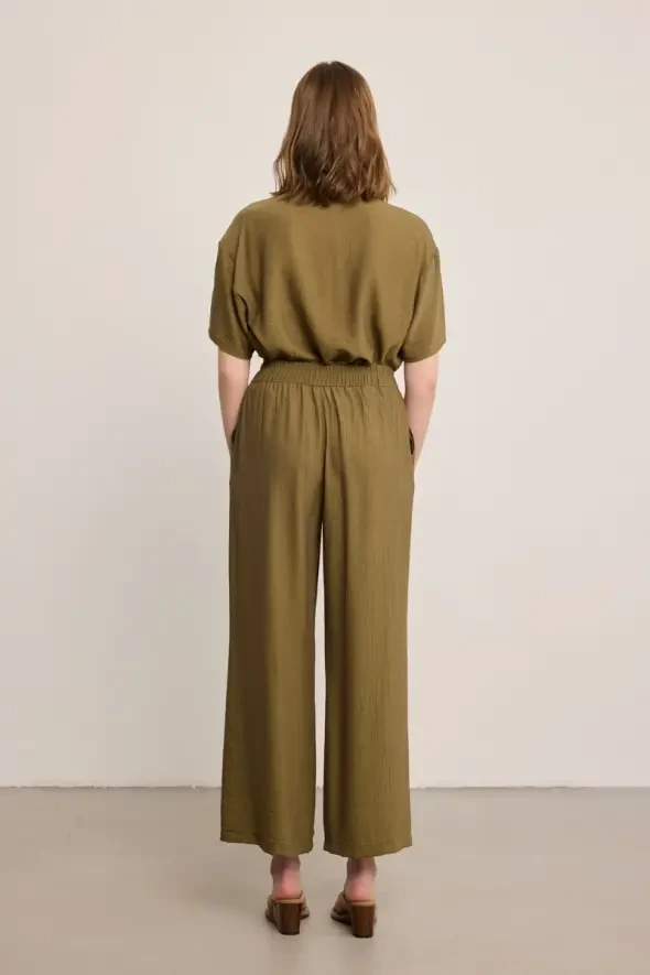 Krinkıl Bol Paça Pantolon - Haki - 4
