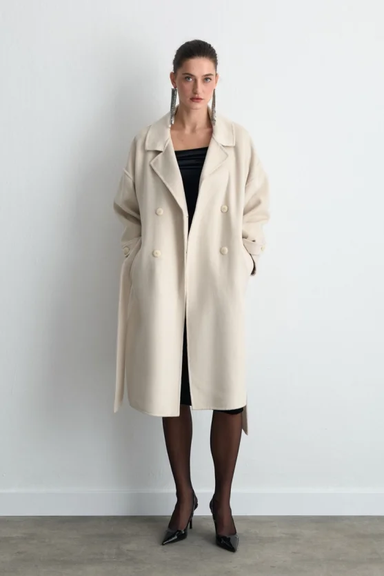 Astarsız Oversize Yün Kaban - Ekru - 6