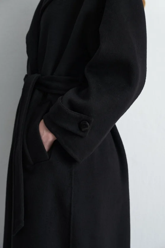 Astarsız Oversize Yün Kaban - Siyah - 8