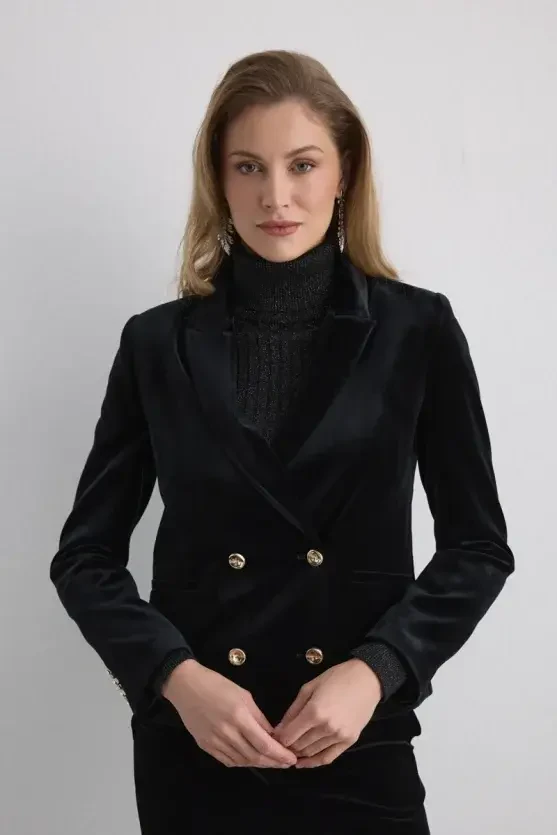 Kruvaze Kadife Ceket - Siyah - Gusto