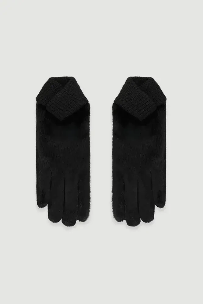 Kürklü Eldiven - Siyah Black