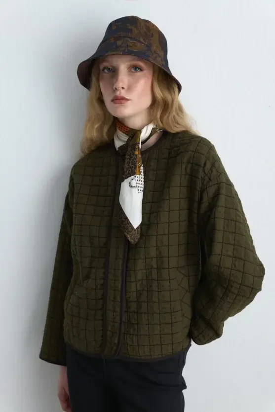 Large Scarf with Polka Dot Bag Print - Khaki - 2